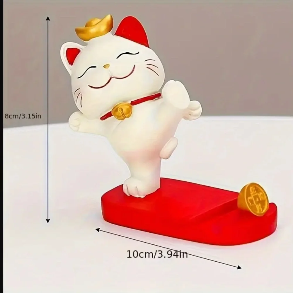 Lucky Cat Desk Phone Stand Figurine with Red Base